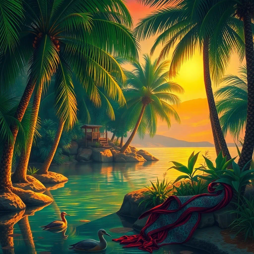 Arabian nights, vibrant colors, intricate patterns, gold accents, Henri Matisse, warm desert tones, graceful movement, rich textiles, cultural tapestry, surrealism, exotic elegance, moonlit sands, flowing fabrics, mystical allure, contemporary interpretation, shimmering heat, lush oasis, dynamic composition, sensual poise, atmospheric glow, dreamlike ambience