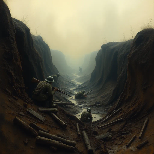 world war 1, soldiers, hiding, muddy shell hole, mud, James McNeill Whistler, trench warfare, muted colors, chiaroscuro lighting, foggy atmosphere, dramatic tension, historical context, gritty texture, war-torn landscape, detailed rendering, emotional weight, survival, despair, impressionistic influences, somber tone, chaotic composition, immersive perspective, earth tones, realism, texture rich, haunting symbolism, somber mood, intense realism, somber and reflective