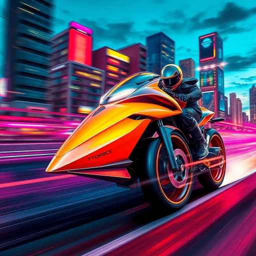 dynamic composition, inspired by Syd Mead, futuristic motorcycle design, sleek and angular lines, vibrant neon colors, urban landscape, motion blur, cyberpunk aesthetics, high-speed pursuit, twilight setting, dramatic lighting, glossy textures, technotropolis, retro-futurism, kinetic energy, metallic sheen, perspective distortion, adrenaline-fueled atmosphere, pop culture influences, high contrast, cutting-edge technology, stylized vector art
