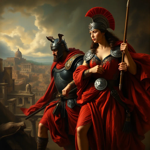 Visigothic warrior, Roman lady, Sack of Rome 410CE, epic historical scene, dramatic lighting, chiaroscuro, intricate armor details, flowing Roman garments, realism, dynamic composition, intense mood, historical figures, late antiquity, turbulent atmosphere, powerful symbolism, conflict and culture clash, intense emotions, classical architecture, ruin and decay, grand scale, meticulous textures, tension and movement, aged patina, historical authenticity, evocative storytelling, warriors in action, contrast and harmony, rich color palette, accurate period costumes