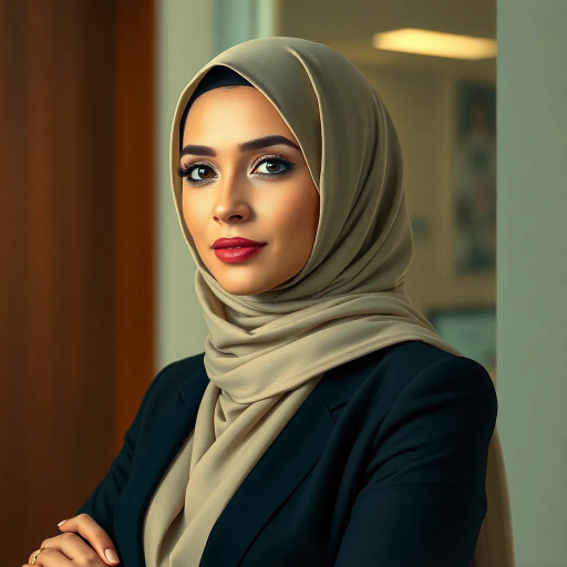 elegant Arab woman, hijab, professional environment, at work, intricate detail, vibrant colors, warm lighting, contemporary realism, cultural elegance, corporate setting, impressionist touch, realistic textures, modern twist, refined composition, calm and focused, fluid lines, Middle Eastern influences, expressive portrait, respectful atmosphere, dynamic posture, subtle gradient, detailed background, storytelling, harmonious blend, timeless aesthetic, refined elegance