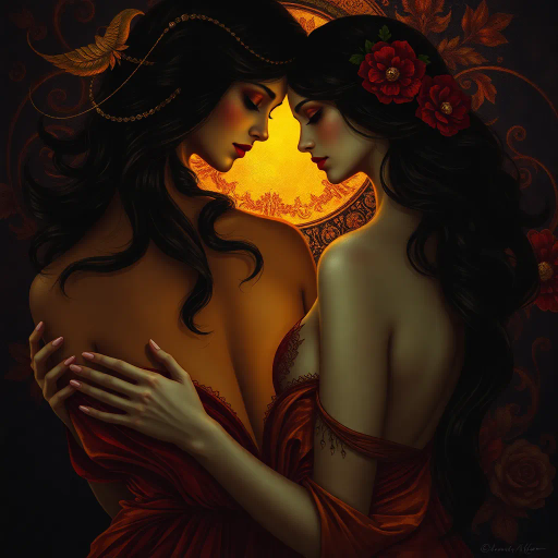 alluring, captivating, timeless elegance, inspired by Art Nouveau, vibrant color palette, dramatic chiaroscuro lighting, sensual figures, sinuous lines, romanticism, decadent opulence, rich textures, flowing movement, Gustav Klimt influence, baroque details, mysterious allure, intimate mood, bold contrast, ethereal glow, intricate patterns, enchanting ambiance, interpretive realism