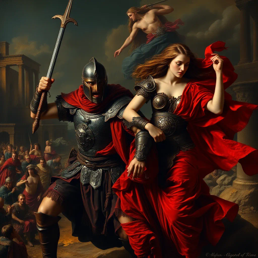 Visigothic warrior, Roman lady, Sack of Rome 410CE, epic historical scene, dramatic lighting, chiaroscuro, intricate armor details, flowing Roman garments, realism, dynamic composition, intense mood, historical figures, late antiquity, turbulent atmosphere, powerful symbolism, conflict and culture clash, intense emotions, classical architecture, ruin and decay, grand scale, meticulous textures, tension and movement, aged patina, historical authenticity, evocative storytelling, warriors in action, contrast and harmony, rich color palette, accurate period costumes