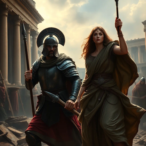 Visigothic warrior, Roman lady, Sack of Rome 410CE, epic historical scene, dramatic lighting, chiaroscuro, intricate armor details, flowing Roman garments, realism, dynamic composition, intense mood, historical figures, late antiquity, turbulent atmosphere, powerful symbolism, conflict and culture clash, intense emotions, classical architecture, ruin and decay, grand scale, meticulous textures, tension and movement, aged patina, historical authenticity, evocative storytelling, warriors in action, contrast and harmony, rich color palette, accurate period costumes