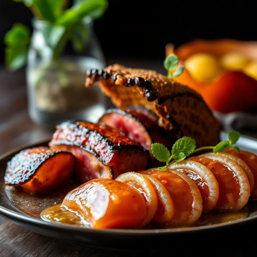 hyper-realistic, culinary artistry, still life, vibrant colors, succulent textures, food photography, gourmet presentation, chiaroscuro lighting, rich detail, natural composition, culinary textures, food stylization, glossy surfaces, nuanced hues, modern aesthetic, exquisite plating, artisanal craftsmanship, gourmet indulgence, food as art, visual feast, sumptuous presentation, high contrast, appetizing visual, culinary elegance