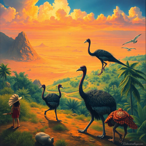 prehistoric warriors, animal pelts, dinosaur-like cassowaries, verdant oasis, expansive desert horizon, surreal landscape, Maurice Sendak, Jean Giraud, Maxfield Parrish, Henri Rousseau, dynamic composition, vibrant colors, dramatic lighting, intricate textures, mythical narrative, exotic flora, cinematic scale, convergence of eras, ethereal atmosphere, dynamic movement, whimsical creatures, prehistoric visual storytelling, fusion of history and fiction, adventurous spirit, rich detail, imaginative world-building, untamed wilderness, cultural symbolism, lavish detailing, epic scale, fantastical adventure