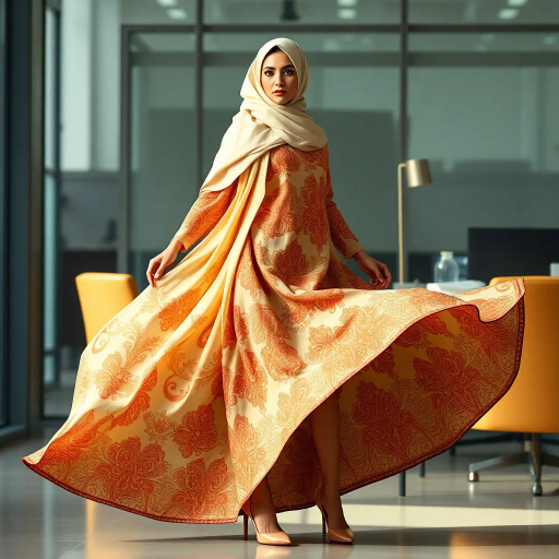 Arab woman, elegant hijab, professional setting, modern workplace, high heels, Middle Eastern culture, contemporary art, intricate patterns, vibrant colors, soft lighting, dynamic pose, cultural expression, delicate fabrics, office environment, confident demeanor, sophisticated fashion, grace and poise, diverse representation, cultural fusion, empowerment, modernism, Impressionism influences, human form, balance and harmony, artistic elegance, cultural sophistication, Jean-Auguste-Dominique Ingres, vibrant textiles, flowing robes, light interplay, Raqib Shaw influences, Middle Eastern motifs, Henri Matisse color palette, dynamic composition, textures of silk and linen, fluidity, modern gaze, cross-cultural dialogue, fusion of tradition and innovation