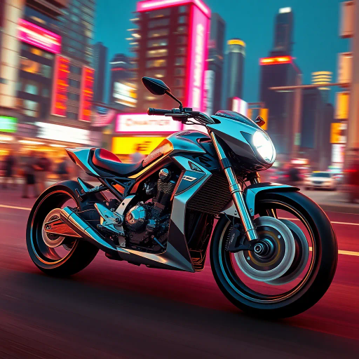 futuristic motorcycle, sleek design, dynamic movement, vibrant neon lighting, retro-futurism aesthetics, Ralph McQuarrie influence, cyberpunk cityscape, speed and energy, chrome finishes, intricate mechanical details, kinetic composition, bold contrasts, urban night setting, digital rendering techniques, motion blur, concept art, streamlined form, synthetic materials, high contrast shadows, immersive environment, vibrant color palette, technological innovation, urban ambiance, cinematic perspective, fluid dynamics, artistic vision, futurist inspirations, metropolis skyline, gradient hues, cinematic flair