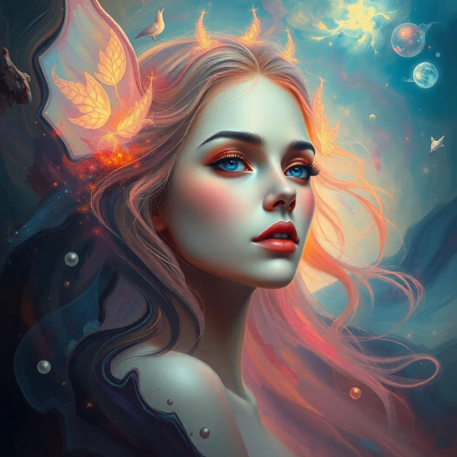 ethereal portrait, vivid imagination, surreal landscape, luminescent lighting, impressionist influence, vibrant color palette, fluid brushstrokes, dreaming essence, delicate features, mythical aura, contemporary fantasy, whimsical details, dreamlike atmosphere, cascading light, soft focus, enigmatic gaze, chiaroscuro effects, fantastical symbolism, tranquil mood, rich textures, celestial setting, dynamic composition, enchanting narrative