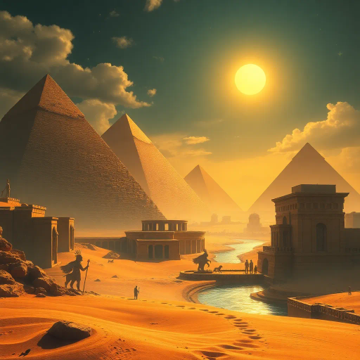 ancient Egypt, mystical landscapes, towering pyramids, sunlit desert sands, Jean-Léon Gérôme, hieroglyphic patterns, golden hour lighting, pharaohs and deities, intricate stone carvings, lush Nile River, mythical creatures, spiritual aura, flowing robes, Nefertiti-inspired elegance, grand temples, vibrant ochre and turquoise, historic depth, time-worn textures, symbolic resonance, sacred ritual, atmospheric depth, mysterious allure, ethereal glow, timeless culture, ornate jewelry, celestial constellations, epic scale