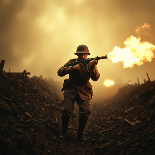 World War I, flamethrower soldier, historical reenactment, dynamic pose, sepia tones, dramatic lighting, trench warfare, Robert Capa influence, smoky atmosphere, gritty textures, realistic proportions, intense emotion, chaotic battlefield, Edwardian era, military uniform details, survival theme, James Nachtwey inspiration, somber mood, foreground action, intense realism, visual storytelling, juxtaposition of fire and shadow, soldier's determination, historical accuracy, textured brushstrokes, conflict narrative, vivid color accents, raw emotion, dynamic composition