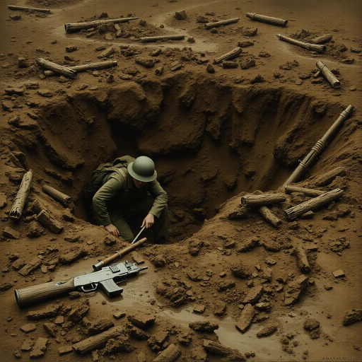 World War I soldiers, hiding, muddy shell hole, crater, mud, historical drama, war-torn landscape, emotional tension, James McNeill Whistler, chiaroscuro, somber palette, earth tones, gritty realism, intense atmosphere, trench warfare, military uniforms, vintage patina, dynamic composition, historical accuracy, symbolism of war, muddy textures, contrasting shadows, reflective surfaces, survival, resilience, narrative depth, subtle highlights, evocative imagery, muted colors, harsh environment, historical context, atmospheric perspective