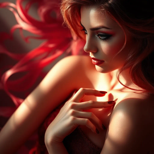 sensual elegance, vibrant colors, fluid lines, chiaroscuro lighting, romanticism, decadent allure, dynamic composition, Art Nouveau influence, rich textures, ethereal glow, captivating gaze, intimate atmosphere, curvilinear forms, juxtaposition of light and shadow, opulent details, dramatic mood, divine femininity, contemporary interpretation, soft focus, playful yet sophisticated