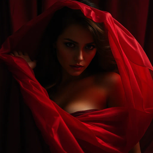 sensual elegance, provocative allure, Caravaggio influences, chiaroscuro lighting, intimate gaze, flowing fabric, deep crimson tones, baroque drama, luxurious textures, soft focus, ethereal glow, seductive atmosphere, artistic expression, passionate composition, Renaissance inspiration, tantalizing details, emotional depth, warm and inviting, classical sensuality