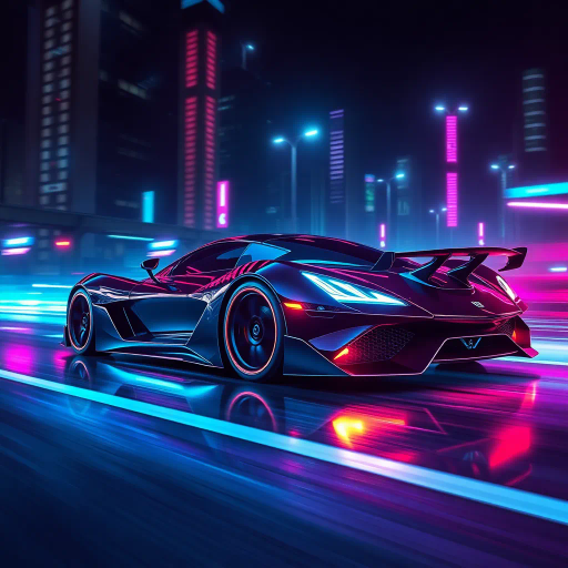 sleek sports car, futuristic design, synthwave aesthetic, vibrant neon colors, dramatic lighting, dynamic angles, glossy finish, cyberpunk influence, speed and motion, urban environment, atmospheric glow, night scene, reflections, cutting-edge technology, streamlined form, retro-futuristic elements, contrast and depth, racing spirit, digital landscape, visual impact