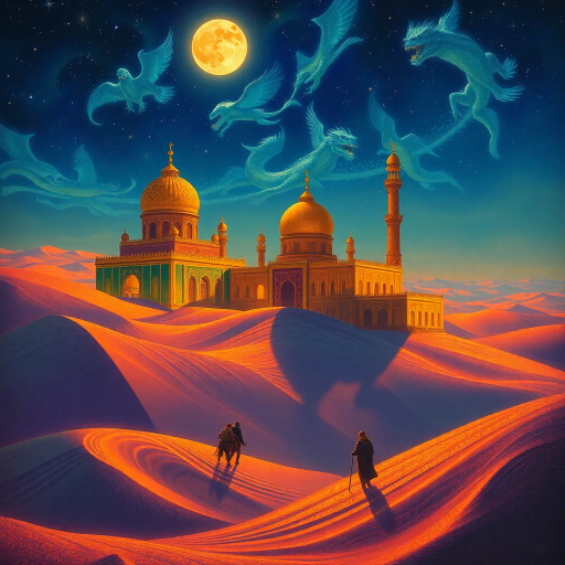 Arabian nights, mystical desert, swirling sands, intricate patterns, vibrant textiles, oriental architecture, golden domes, minarets, starry sky, shadow play, moonlit, caravans, spices, ancient lore, exotic, vibrant colors, rich cultural tapestry, storytelling tradition, mythical creatures, Lawrence Alma-Tadema, Ivan Bilibin, enigmatic aura, storytelling, fantasy storytelling, historical references, lush textures, enchanting, intricate mosaics, spiritual symbols, ethereal glow, cultural richness