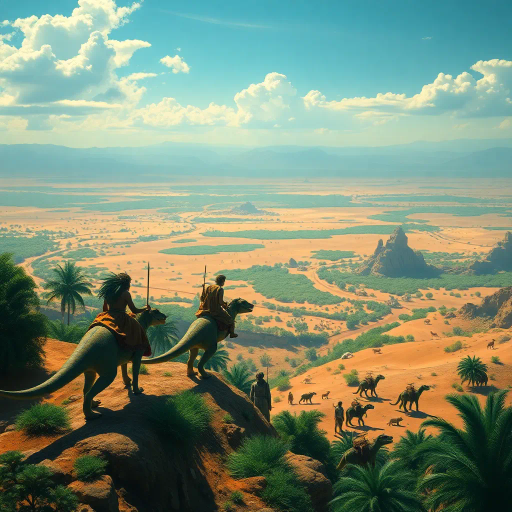 panoramic view, vast landscape, ancient oases, men clothed in animal skins, riding dinosaurs, distant desert vistas, mythical creatures, vibrant greens and sandy browns, Henri Rousseau, prehistoric era, intense contrast, dynamic composition, prehistoric fantasy, sunlight glistening, ethereal atmosphere, surreal narrative, primitive survival, untamed wilderness, lively textures, imaginative world-building, expansiveness, detailed costumes, natural elements, fusion of history and fiction, storytelling through visuals, exotic adventure, epic scale, adventurous spirit, primal instincts, harmonious balance