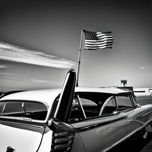 50's era, automobiles, nostalgia, chrome, fins, Detroit, American muscle, classic lines, black and white, road trip, iconic, timeless design, retro, horsepower, tail lights, drive-in, shiny, sleek, car shows, collectors, restored, garage, history, craftsmanship, road trips, gas guzzlers, glamorous Hollywood stars, mid-century modern design, monochromatic tones, leather interiors