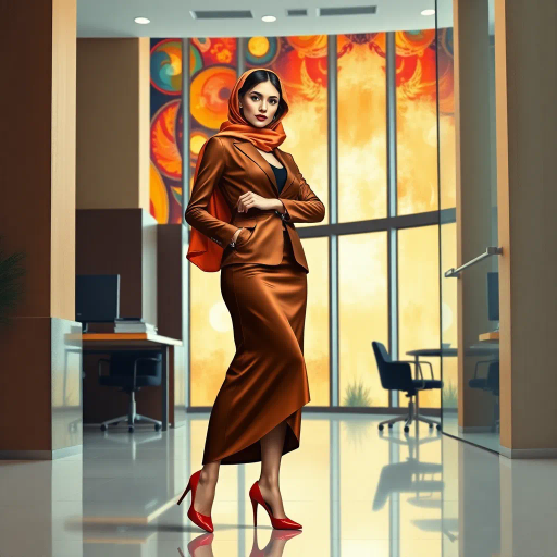 elegant Arab woman, professional attire, contemporary workspace, office heels, Gustav Klimt influence, modern Middle Eastern architecture, vibrant color palette, sleek design, impressionistic brushwork, soft lighting, abstract background, cultural elegance, dynamic composition, intricate details, confident pose, modern feminism, silky textures, poised expression, harmonious balance, cultural identity, visual storytelling, bustling ambiance