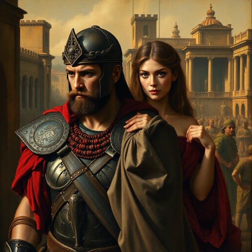 Visigothic warrior, Roman lady, Sack of Rome 410CE, epic historical scene, dramatic lighting, chiaroscuro, intricate armor details, flowing Roman garments, realism, dynamic composition, intense mood, historical figures, late antiquity, turbulent atmosphere, powerful symbolism, conflict and culture clash, intense emotions, classical architecture, ruin and decay, grand scale, meticulous textures, tension and movement, aged patina, historical authenticity, evocative storytelling, warriors in action, contrast and harmony, rich color palette, accurate period costumes