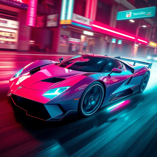 sleek sports car, futuristic design, synthwave aesthetic, vibrant neon colors, dramatic lighting, dynamic angles, glossy finish, cyberpunk influence, speed and motion, urban environment, atmospheric glow, night scene, reflections, cutting-edge technology, streamlined form, retro-futuristic elements, contrast and depth, racing spirit, digital landscape, visual impact
