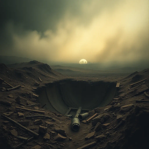 WW1 shell hole, haunting landscape, ruinous earth, trench war remnants, muddy textures, smoke-infused skies, somber atmosphere, historical echoes, dramatic chiaroscuro, war-torn memories, intricate details, Ernst Ludwig Kirchner influence, expressionist undertones, desolate expanse, juxtaposition of life and decay, symbolism of conflict, muted earth tones, organic compositions, narrative storytelling, ethereal light, ominous horizon, atmospheric perspective, reflective surfaces, cultural memory, evocative emotional depth, dramatic lighting, surrealism, echoing past, visionary artistry, ancestral spirits, ethereal presence, battlefield phantoms, emotional transformation, stark contrast, immersive engagement, cultural tapestry