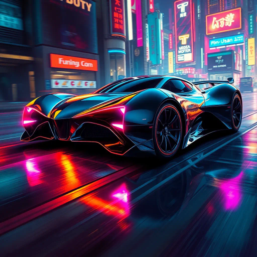 futuristic car design, H.R. Giger, sleek aerodynamics, cybernetic, neon lighting, vibrant hues, dynamic motion, digital painting, high gloss finish, dystopian city, night scene, chrome reflections, smooth curves, kinetic energy, dramatic angle, urban landscape, science fiction, enhanced reality, modern aesthetics, cultural fusion, conceptual innovation
