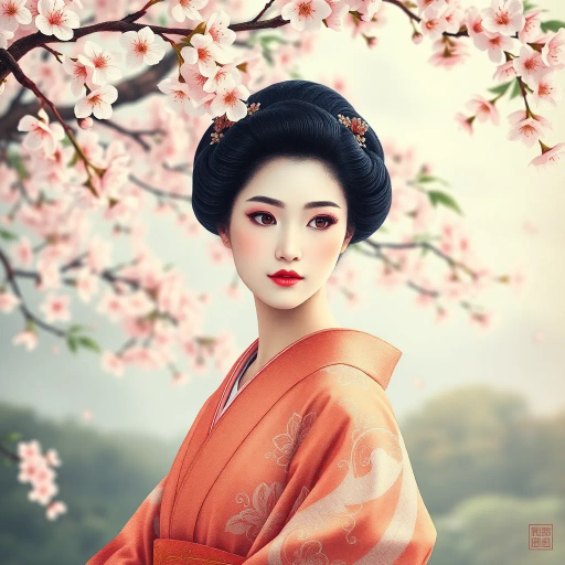 elegant Japanese woman, serene expression, traditional kimono, cherry blossoms in background, Hokusai inspired, Edo period, delicate brushstrokes, pastel colors, gentle lighting, cultural richness, japanese gardens, tranquil mood, fine silk textures, traditional hairpins, art of ukiyo-e, sense of grace and poise, harmonious balance, refined elegance, soft focus, timeless beauty, intricate patterns, cinematic depth, lush foliage, poise and sophistication, cultural legacy, peaceful atmosphere