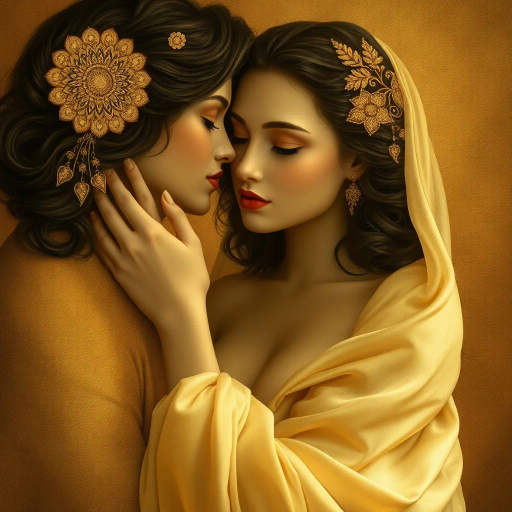 sensual expressionism, Gustav Klimt influence, Art Nouveau flourishes, warm sepia tones, intimate vignette, soft light caress, luxurious textures, flowing satin, romantic allure, dreamlike ambiance, ethereal forms, intricate patterns, delicate line work, passionate intensity, ornate embellishments, cultural tapestry, emotive gaze, gilded accents, opulent tapestry, whispering hues, evocative moment, fantasy-realm intricacies, lush golden landscapes, transcendent elegance, surreal narratives, metamorphic whisper, timeless enchantment, tender radiance, intricate filigree, mythological dreamscape