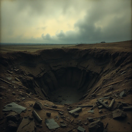 WW1 shell hole, haunting landscape, ruinous earth, trench war remnants, muddy textures, smoke-infused skies, somber atmosphere, historical echoes, dramatic chiaroscuro, war-torn memories, intricate details, Ernst Ludwig Kirchner influence, expressionist undertones, desolate expanse, juxtaposition of life and decay, symbolism of conflict, muted earth tones, organic compositions, narrative storytelling, ethereal light, ominous horizon, atmospheric perspective, reflective surfaces, cultural memory, evocative emotional depth