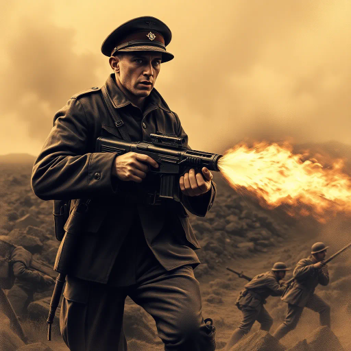 WW1 soldier, flamethrower, historical conflict, war-torn landscape, dramatic lighting, detailed uniform, dynamic movement, sepia tones, trench warfare, smoke and fire effects, gritty texture, intense expression, realism, Edward Hopper, expressionist influence, atmospheric perspective, somber mood, historical accuracy, early 20th century, monochromatic palette, action-packed scene, harsh shadows, battlefield chaos, tension, emotional depth, military equipment, technological impact, historical significance, layered composition