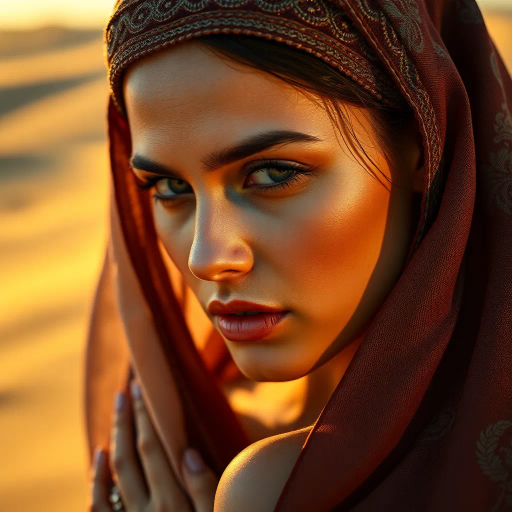 captivating beauty, allure of the Middle East, sun-kissed skin, striking contrast, warm desert hues, evocative curves, sensual elegance, vibrant textures, play of light and shadow, intimate composition, flowing fabrics, delicate patterns, rich cultural motifs, timeless grace, exotic allure, dynamic pose, luminous highlights, artistic sensuality, realism meets fantasy, exotic landscapes, golden hour lighting, subtle reflections, captivating gaze, intriguing mystique
