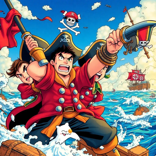 pirate adventure, vibrant characters, Go Nagai, dynamic action scenes, marine landscapes, treasure hunting, expressive facial expressions, nautical elements, high seas, camaraderie, nautical maps, fantasy creatures, vivid colors, heroic journey, mythical islands, epic battles, shonen style, friendship, resilient spirit, whimsical elements, imaginative world, thrilling escapades