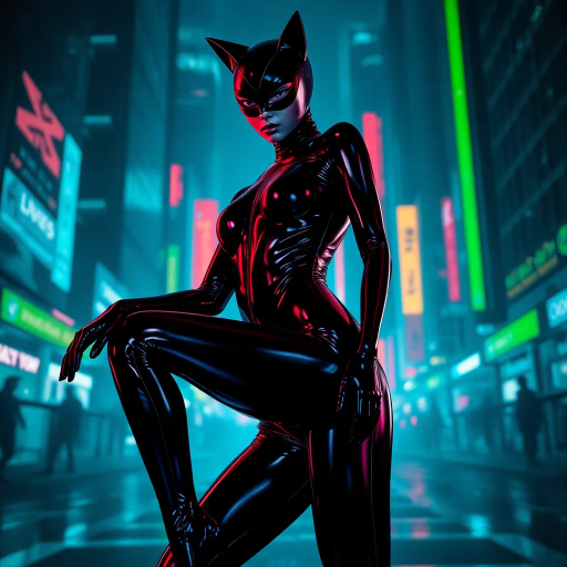 sleek catsuit design, high fashion, futuristic elements, vibrant neon lighting, dynamic pose, bold composition, metallic textures, sci-fi influence, Joan Miró, Salvador Dali, night cityscape, cyberpunk aesthetics, mysterious mood, playful elegance, abstract forms, intricate detailing, avant-garde style, fluid movements, bold color contrasts, surreal presentation, depth and layering, unconventional materials, reflections and shadows, elegant silhouette, imaginative realm, dreamlike atmosphere, geometric precision, fluid dynamics, visual storytelling, abstract surrealism, enigmatic expressions, ethereal glow, kaleidoscopic patterns, reflective surfaces, overlapping dimensions, contrasting hues, multidimensional perspective, spatial depth, imaginative narrative