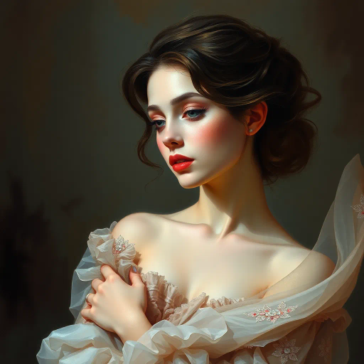 elegant women, graceful, ethereal, renaissance influence, chiaroscuro lighting, vibrant palette, fluid movement, delicate expressions, soft pastels, intricate detailing, romanticism, elegant poses, enchanting atmosphere, soft focus, ethereal glow, impressionist techniques, serene mood, brush stroke texture, harmony, contemplative mood, timeless beauty, captivating gaze, dreamlike composition, femme fatale aura, gentle curves, baroque elements