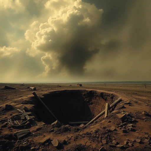 WW1 shell hole, haunting landscape, ruinous earth, trench war remnants, muddy textures, smoke-infused skies, somber atmosphere, historical echoes, dramatic chiaroscuro, war-torn memories, intricate details, Ernst Ludwig Kirchner influence, expressionist undertones, desolate expanse, juxtaposition of life and decay, symbolism of conflict, muted earth tones, organic compositions, narrative storytelling, ethereal light, ominous horizon, atmospheric perspective, reflective surfaces, cultural memory, evocative emotional depth, surreal fantasy, vibrant contrasts, intangible realms, mystical undertones, narrative depth, conceptual vision, allegorical exploration, dreamlike visuals, expansive spatial dynamics
