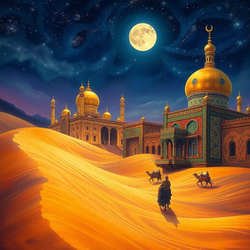 Arabian nights, mystical desert, swirling sands, intricate patterns, vibrant textiles, oriental architecture, golden domes, minarets, starry sky, shadow play, moonlit, caravans, spices, ancient lore, exotic, vibrant colors, rich cultural tapestry, storytelling tradition, mythical creatures, Lawrence Alma-Tadema, Ivan Bilibin, enigmatic aura, storytelling, fantasy storytelling, historical references, lush textures, enchanting, intricate mosaics, spiritual symbols, ethereal glow, cultural richness, fantasy art, dreamlike, celestial, opulent, magical realism, luminous, mystical shadows, cultural heritage