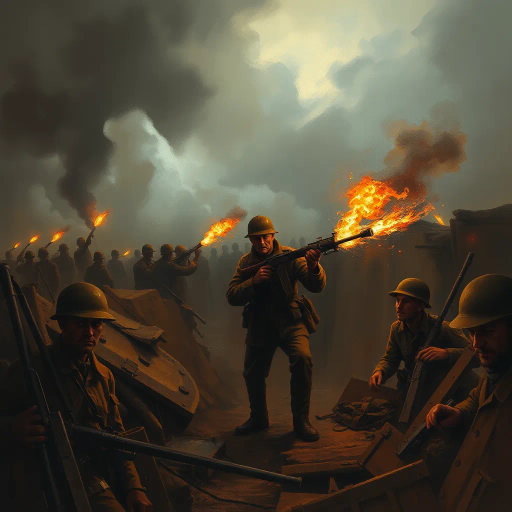gritty wartime scene, flamethrower soldier, World War I, dramatic lighting, chiaroscuro, smoke and fire, turbulent skies, historical accuracy, muted color palette, heavy brush strokes, chaotic battlefield, intense emotion, bold composition, tension and movement, historical figure, storytelling, trench warfare setting, retro-futurism, visual drama, Gustave Doré, J.M.W. Turner, impressionistic textures, dynamic perspective, high contrast, somber mood, historical narrative, layered textures, atmospheric depth