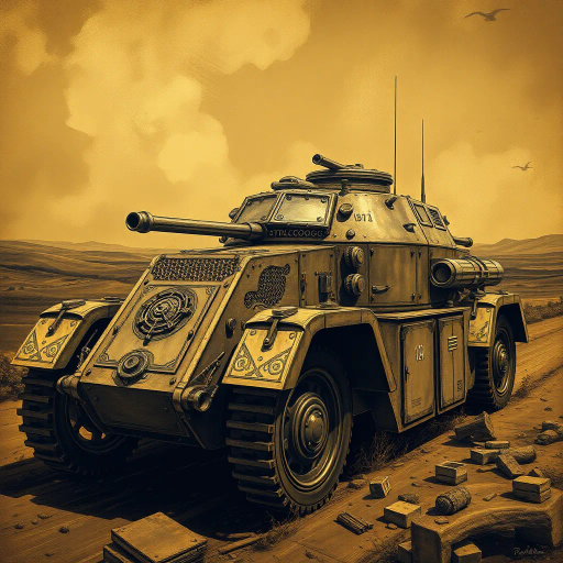 WW1 armoured car, retro-futuristic design, Gustav Klimt influences, sepia tone, historical narrative, Expressionist brushwork, dramatic chiaroscuro, mechanical complexity, battle-worn textures, metallic sheen, art deco detailing, dynamic motion, war-torn landscapes, technological evolution, intricate engravings, contrast of past and future, somber mood, industrial revolution, panoramic perspective, rich symbolism