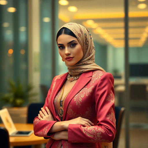 elegant Arab woman, professional attire, hijab, modern workplace, high heels, contrasting cultural fusion, vibrant Middle Eastern influences, contemporary art style, dynamic composition, intricate patterns, vibrant color palette, soft ambient lighting, dynamic posing, cultural expression, delicate textiles, confident and empowering presence, grace, poise, diverse representation, fusion of modern and traditional elements, Impressionism influences, human form depiction, advanced digital techniques, refined textures, bold symbolism, artistic influences, balance, harmony, surreal lighting, empowered femininity, Gustav Klimt inspiration, Art Nouveau elegance, intricate detailing, cultural narrative, sophisticated sophistication, modernism, representation and empowerment