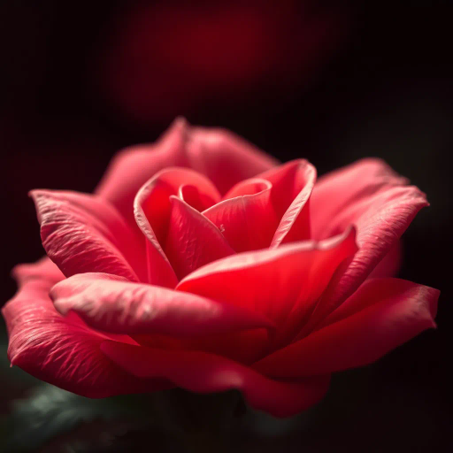 romanticism, impressionism, art nouveau, delicate petals, vibrant red, emotional symbolism, thorns, still-life, fragility, beauty, life cycle, warm lighting, chiaroscuro, macro, close-up, nature, bokeh, elegance, contrast, soft focus, oil painting, chiaroscuro, vibrant composition, detailed textures
