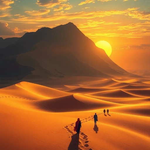majestic Arabian desert, swirling sands, golden hues, luminous sunsets, intricate patterns, reminiscent of Aladdin's tales, Persian rugs, mystical atmosphere, ancient civilizations, opulent architecture, domed rooftops, calligraphic elegance, Lawrence of Arabia, ethereal mirages, caravans in twilight, vibrant textiles, exotic spices, Bedouin culture, ornate mosaics, celestial constellations, romanticism, delicate arabesques, flowing robes, nomadic life, harmonious rhythms, art nouveau influences