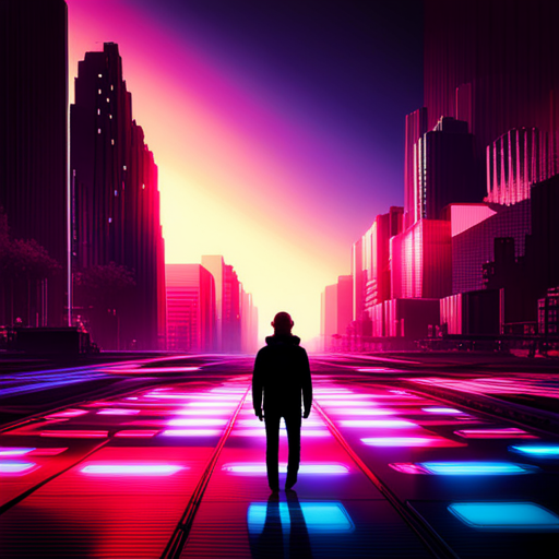 endless virtual neon arcade, retro-futuristic circuitry, vibrant and electric sparks, generative animated game worlds, glitchy pixelated landscapes, cyberpunk characters exploring new realms, neon lights reflecting off reflective surfaces, dynamic movement and energy, dystopian neon cityscapes, pulsating digital dreams