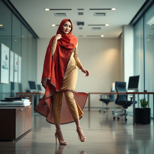 elegant Arab lady, wearing a hijab, professional setting, modern office, sophisticated heels, intricate details, inspired by Gustav Klimt, contemporary Middle Eastern art, vibrant colors, chiaroscuro lighting, dynamic composition, cultural symbolism, graceful movement, warm color palette, 21st-century workspace, empowering presence, sleek textures, harmonious balance, nuanced expressions, artistic storytelling, influenced by Islamic art, intricate patterns, blending tradition and modernity