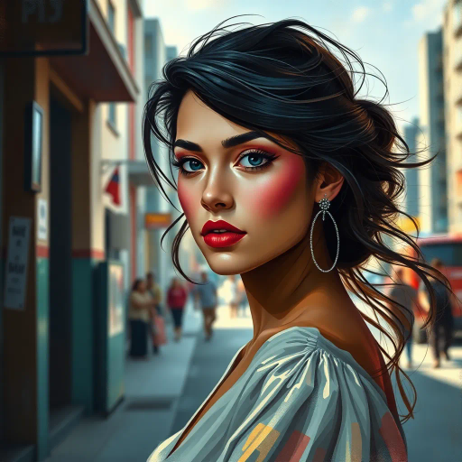 captivating, modernity, youthful elegance, Latina beauty, vibrant palette, contemporary realism, dynamic composition, light-filled ambiance, Diego Rivera influence, Neo-modern aesthetics, emotional resonance, expressive portraiture, intricate textures, cultural nuance, radiant hues, chiaroscuro effects, soft brushstrokes, intimate gaze, serene atmosphere, fluid motion, sophisticated styling, Latin American flair, nuanced expressions, urban backdrop, enchanting persona, visual allure, personal narrative, bold contrasts, harmonious integration, timeless appeal, artistic depth, aesthetic innovation