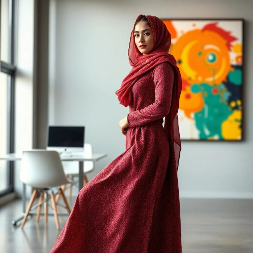 Arab woman, elegant hijab, modern workplace, contemporary art, intricate patterns, vibrant colors, soft lighting, dynamic pose, cultural expression, delicate fabrics, confident demeanor, sophisticated fashion, grace and poise, diverse representation, cultural fusion, empowerment, modernism, Impressionism influences, human form, balance and harmony, professional setting, high heels, Middle Eastern culture, intricate textures, refined elegance, artistic vibrancy, cultural modernity, poised confidence, vibrant modernism