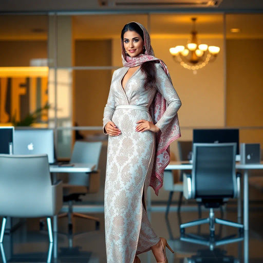 Arab woman, elegant hijab, professional setting, modern workplace, high heels, Middle Eastern culture, contemporary art, intricate patterns, vibrant colors, soft lighting, dynamic pose, cultural expression, delicate fabrics, office environment, confident demeanor, sophisticated fashion, grace and poise, diverse representation, cultural fusion, empowerment, modernism, Impressionism influences, human form, balance and harmony, Jean-Michel Basquiat inspiration, vibrant brushstrokes, Henri Matisse color palette, delicate textures, fluid movement, artistic elegance, cultural symbolism, refined composition, elegance and sophistication, bold patterns