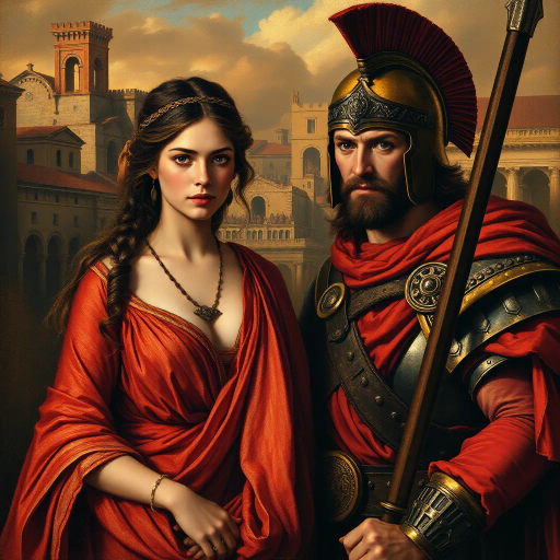 Visigothic warrior, Roman lady, Sack of Rome 410CE, epic historical scene, dramatic lighting, chiaroscuro, intricate armor details, flowing Roman garments, realism, dynamic composition, intense mood, historical figures, late antiquity, turbulent atmosphere, powerful symbolism, conflict and culture clash, intense emotions, classical architecture, ruin and decay, grand scale, meticulous textures, tension and movement, aged patina, historical authenticity, evocative storytelling, warriors in action, contrast and harmony, rich color palette, accurate period costumes