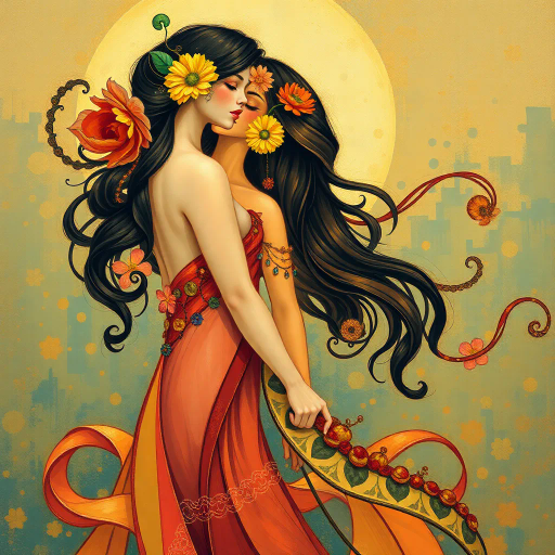 elegant figures, ethereal beauty, vibrant palettes, Gustav Klimt influences, contemporary flair, soft hues, delicate textures, impressionistic brushstrokes, serene mood, dynamic composition, graceful forms, art nouveau, romanticism, flowing movement, captivating expressions, detailed intricacies, gentle lighting, stylized femininity, enchanting allure, harmonious balance, artistic elegance