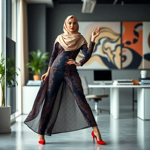 Arab woman, elegant hijab, professional setting, modern workplace, high heels, Middle Eastern culture, contemporary art, intricate patterns, vibrant colors, soft lighting, dynamic pose, cultural expression, delicate fabrics, office environment, confident demeanor, sophisticated fashion, grace and poise, diverse representation, cultural fusion, empowerment, modernism, Impressionism influences, human form, balance and harmony